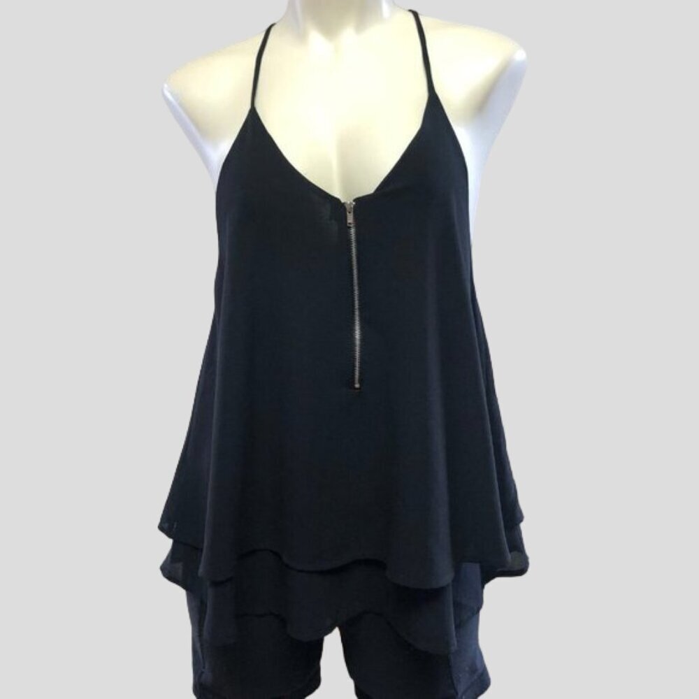 Black 2 Layer Sheer Camisole With Front Zipper